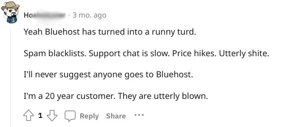Negative feedback from Reddit user about Bluehost