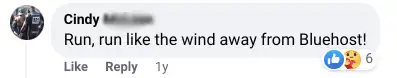 Negative feedback from Facebook user about Bluehost