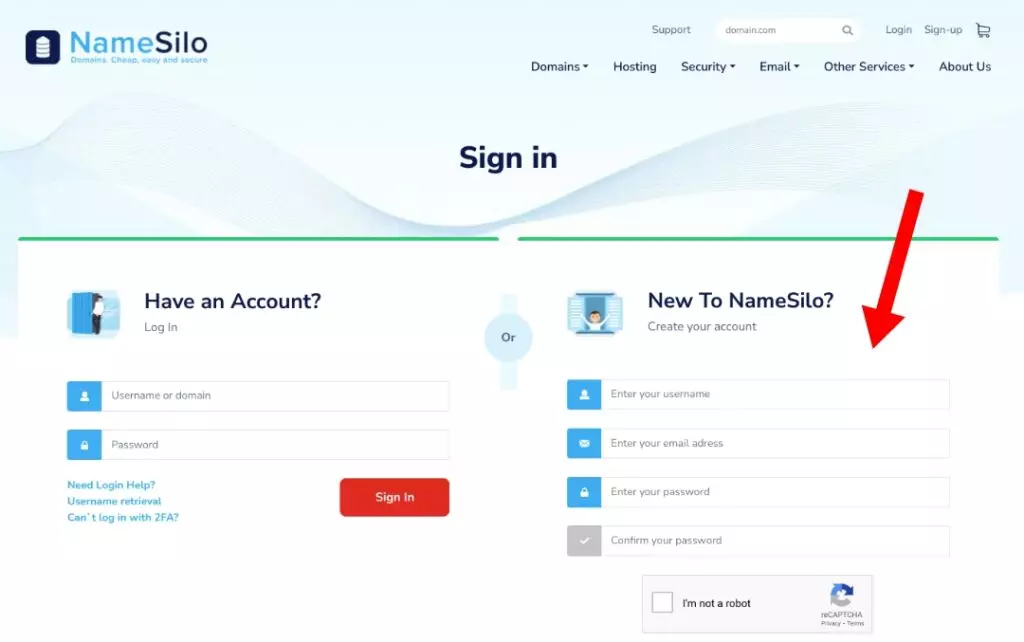 NameSilo account signup entry