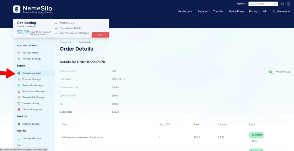 NameSilo invoice account area